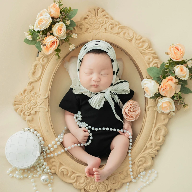 

French Socialite Style Baby Girl Photography Clothing Newborn Photo Mini Bag Prop Baby Bodysuit+Headscarf Suit Studio Accessorie