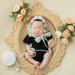 Franse Socialite Stijl Baby Meisje Fotografie Kleding Pasgeboren Foto Mini Tas Prop Baby Bodysuit + Hoofddoek Pak Studio Accessorie