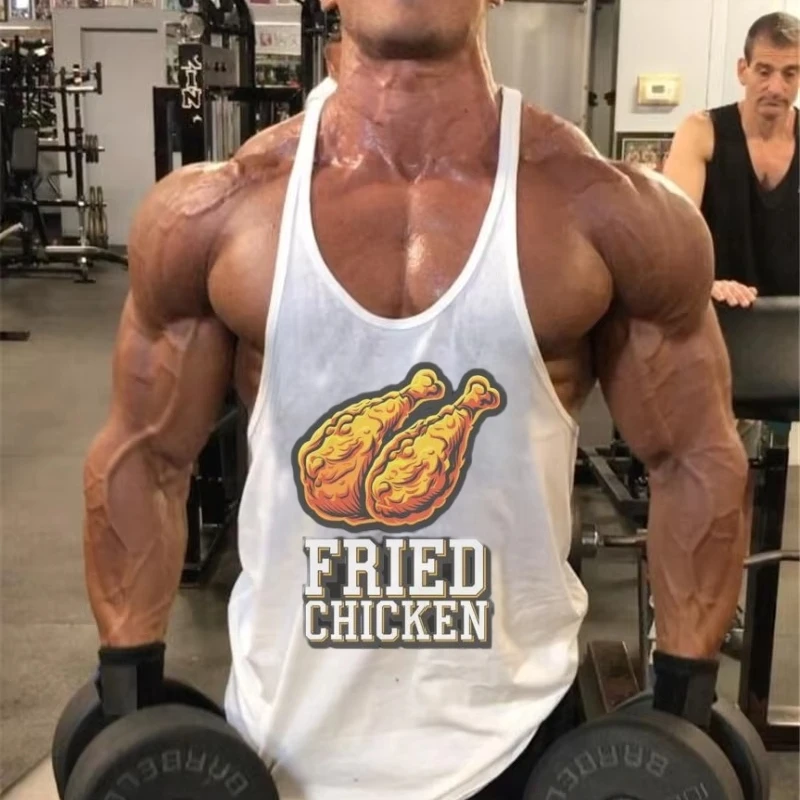

Men's Fried Chicken Self-Discipline Stringer - Tempting Print, Cotton Gym Sleeveless, Fitness Vest, Workout Tops