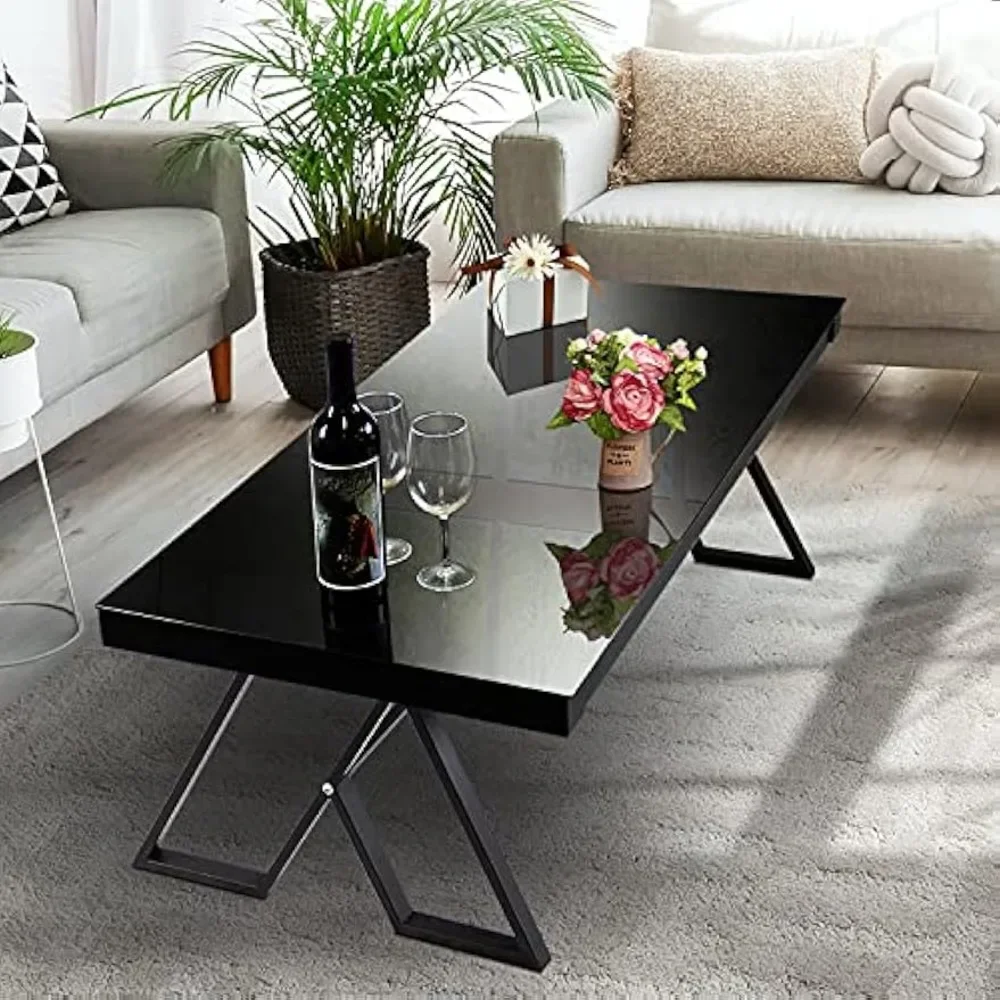 Tempered Glass Tea Table Coffee Table Cocktail Desk Table - Modern Steel Triangular Legs Living Room Desk Decor