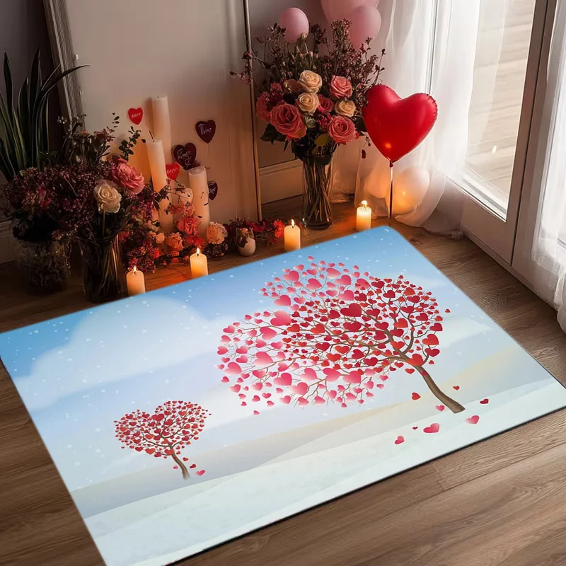 Romantic Heart Tree Doormat Blue Sky Red Leaves Print For Entryway Bedroom And Valentine Day Home Decor
