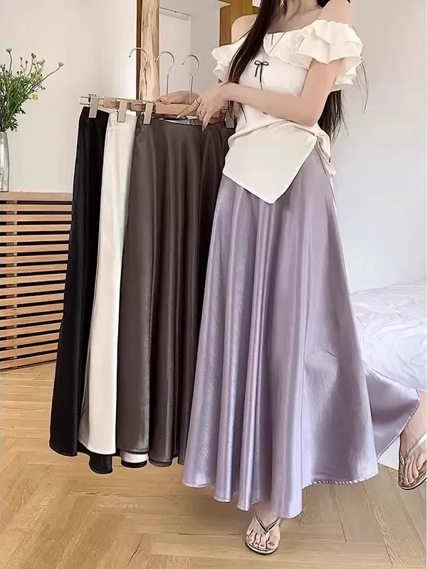 Zijde Satijn f Rok vrouwen Hoge Taille A-lijn Bla Midi Rok Zomer Faion Pendelen Koreaanse Sle Ci Casual Datum rok
