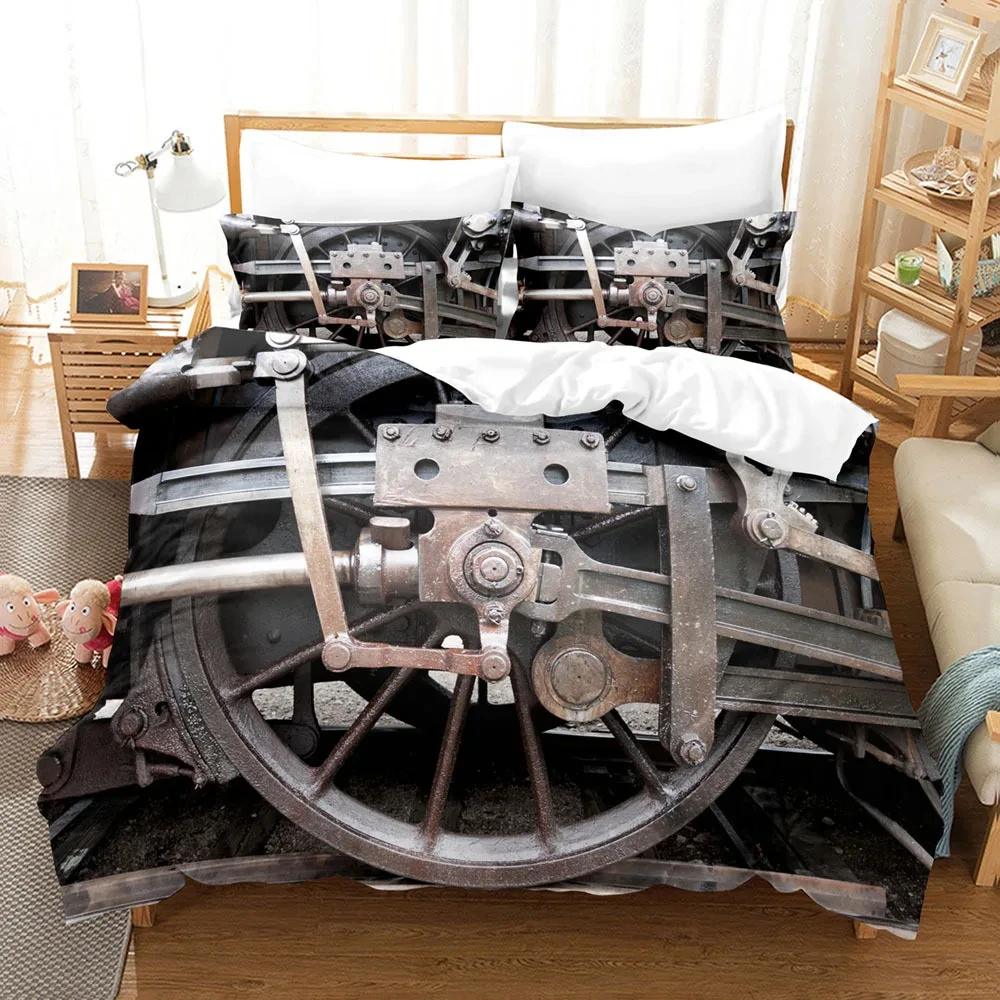 Steam Engine Duvet Cover Vintage Locomotive In Countryside Scenery Bedding Set Polyester Train Wheel Picture Quilt Cover Full