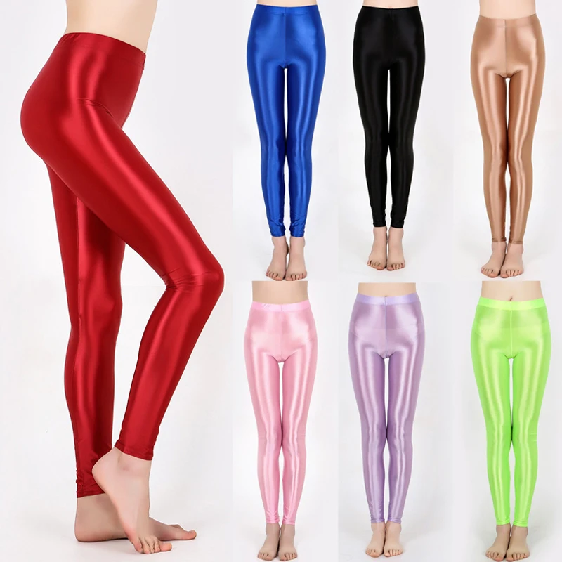 Womens Glossy Sexy Stockings Oil Shiny Pantyhose Tights Yoga Pants Solid Color Fitness Elastic Waist Dance Sports Leggings