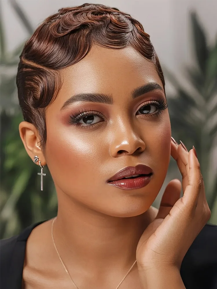 

Красивые цветные парики Lekker Finger Wave из 100% натуральных человеческих волос, короткая стрижка пикси, с центральной разметкой, на кружевной основе, для женщин, из бразильских волос Реми, безклеевые, в стиле боб.