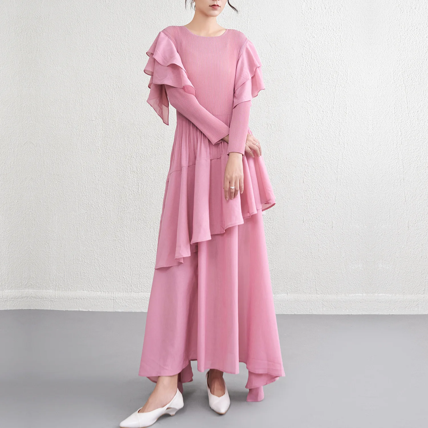 

Spring Autumn Pure Color Long Sleeve Gored Hem Pleated Slimming Cake Skirt Dress Elegant Style Women's Fashion Dress