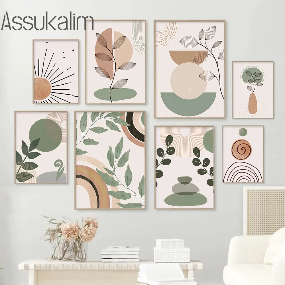 Abstract Lines Wall Pictures Boho Wall Art Leaves Canvas Painting Sun Geometry Art Prints Nordic Wall Posters Living Room Decor