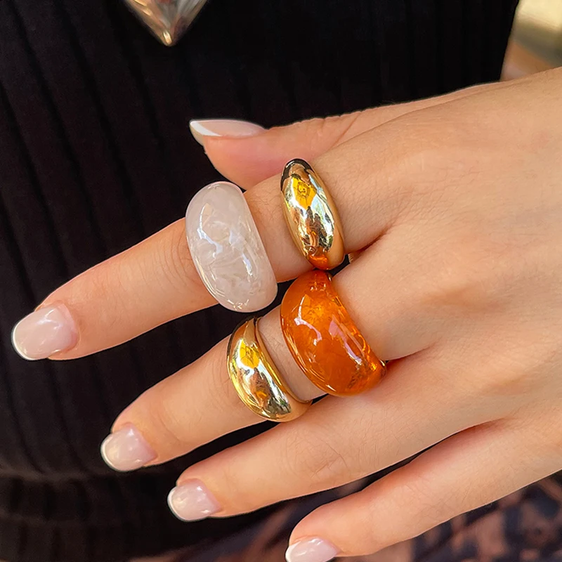 IngeSight.Z 4Pcs/Set Chubby Resin Metal Rings for Women 2024 Trending Smooth Water Drop Shaped Finger Rings Punk Party Jewelry