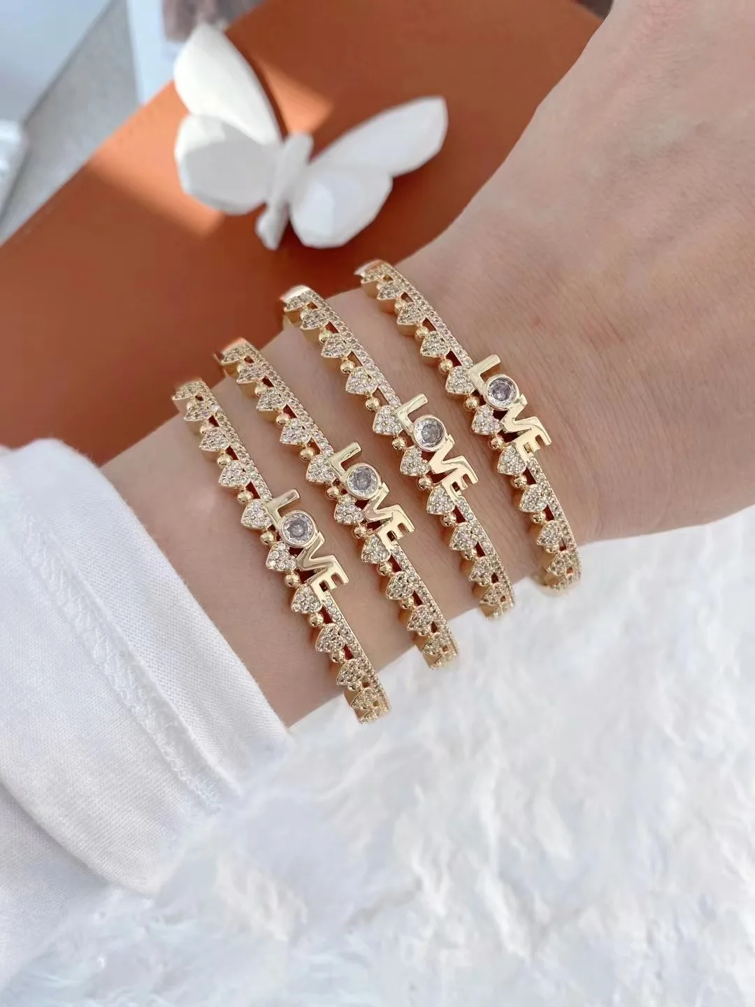 3PCS, Luxury Roman For Women Fashion Heart Chain Bracelets Rhinestone Bangle Wedding Bridal Jewelry Accessories Gifts