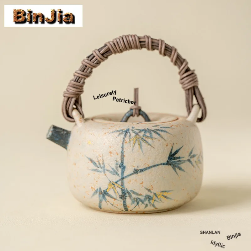 

200ml Hand-painted Bamboo Lifting Handle Teapot Elegant Tea Infuser Pot Tea Soaking Kettle With Ball Hole Tea Items Decoration