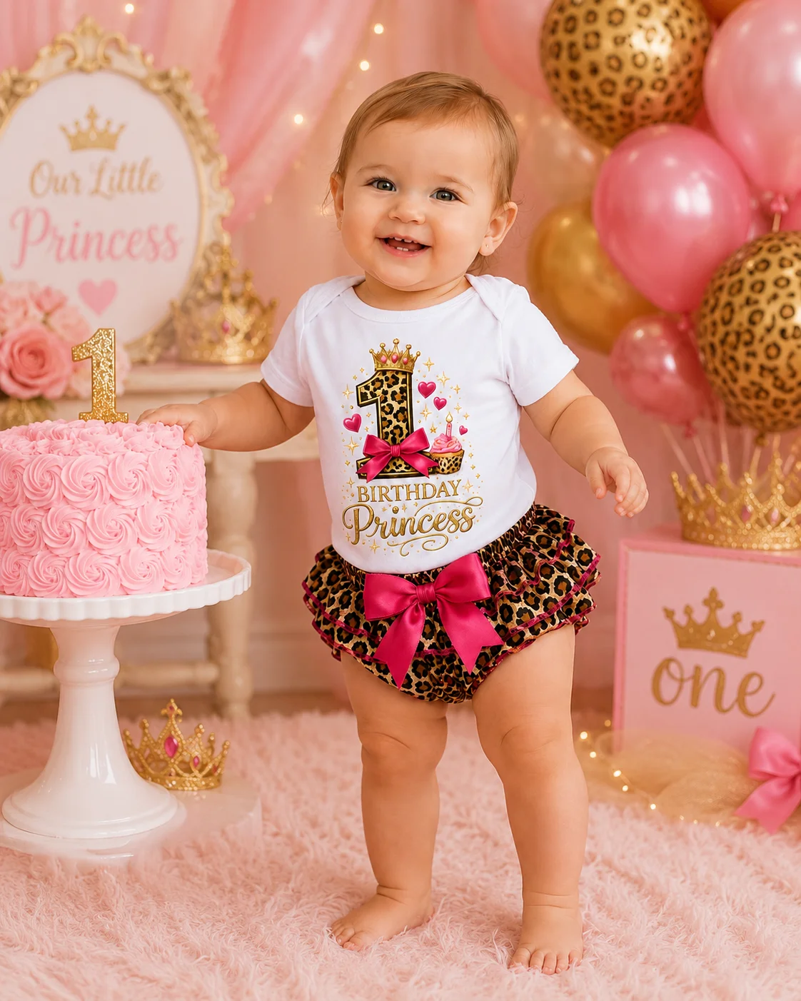 Baby Mädchen 1. Geburtstag Outfit Leoparden-Prinzessin Kurzarm-Body Bloomers Set Kleinkind Erstgeburtstags-Partykleidung