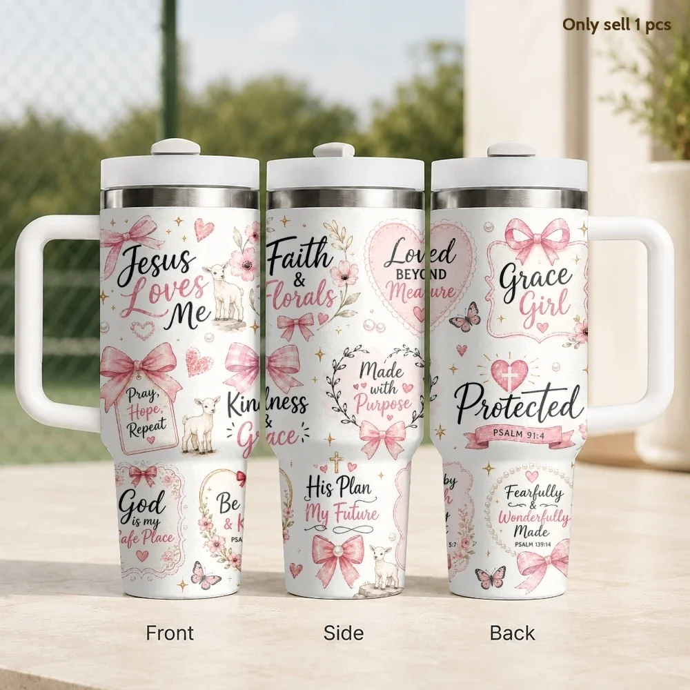 Thank God Vacuum Flasks 40oz Stainless Steel Insulated Tumbler with Handle & Straw Leakproof Travel Mug