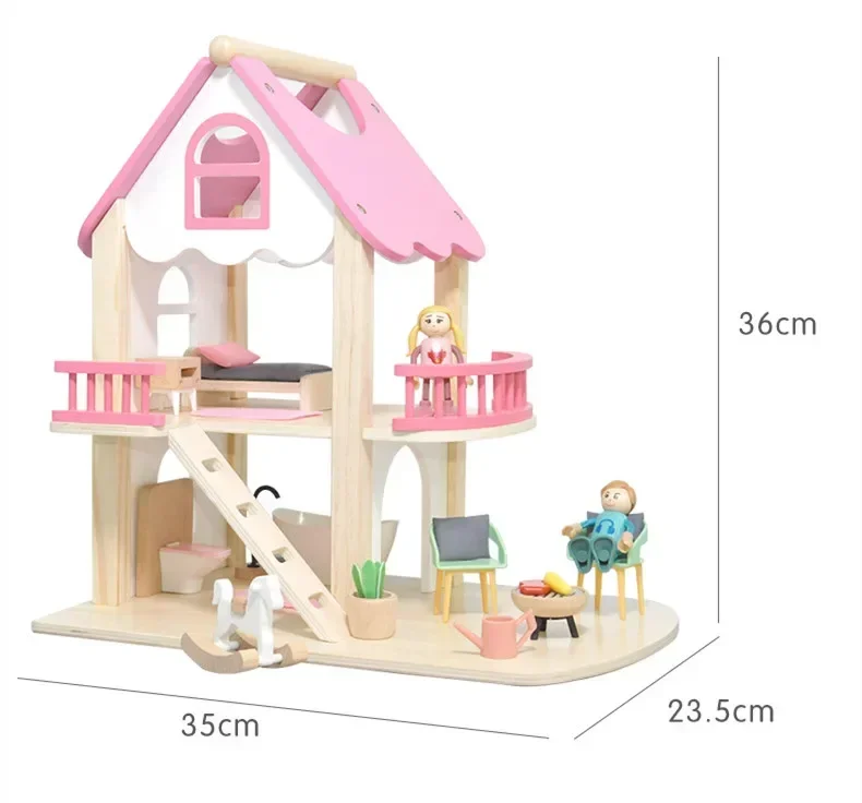 36 cm hochwertiges rosa Villa aus Holz, europäisches Prinzessinnen-Puppenzimmerhaus, Spielhaus, Puzzle, interaktives Spielzeug, Baby-Geburtstagsgeschenk