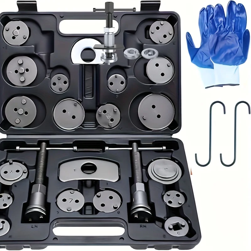 Kit de Herramientas para Retraer Caliper de Freno, Juego de 26 Piezas con Conjuntos de Pernos de Empuje, Placas de Retención, Soportes para Caliper, 18 Adaptadores de Disco, Herramienta para Caliper de Freno, Estuche Azul, Sin Batería