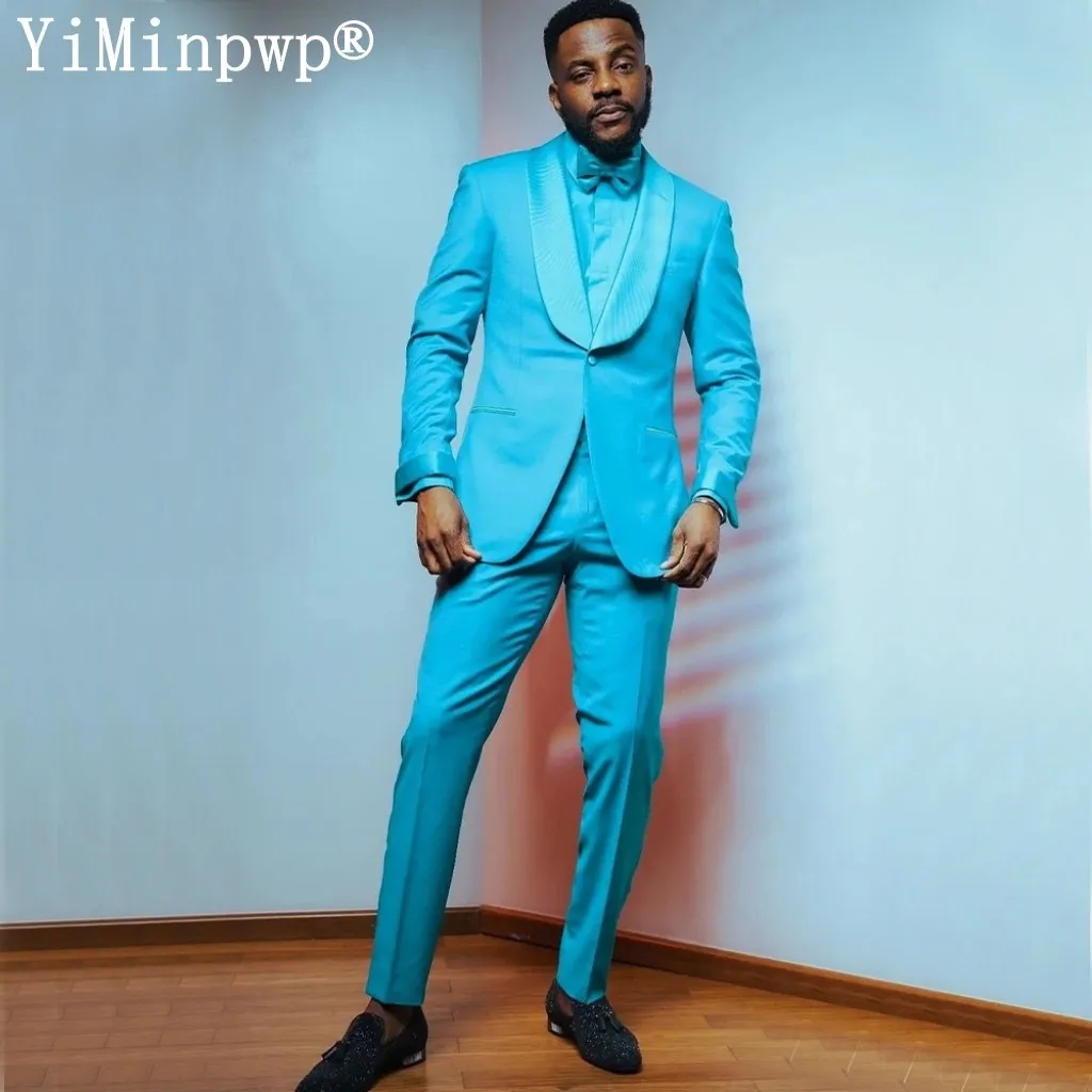 

Ocean Blue Men Suits 2 Pieces One Button Summer Wedding Party Mens Dress terno masculino completo Jacket+Pants