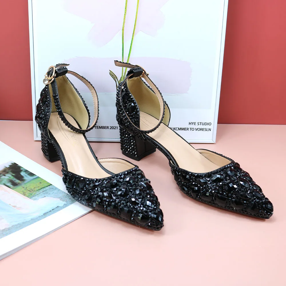 

Black Crystal Sandals Pointed Toe Bride Wedding shoes Square heel Party Dress Shoes Fashion High Heels Women's Ankle Strap