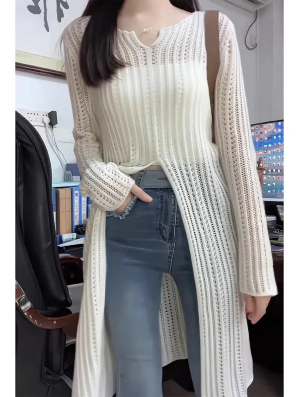 

Elegant Gentle White V-neck Hollow Knitted Sweater Top Summer New Split Long Knitwear Casual Style Loose Fit Long Sleeve