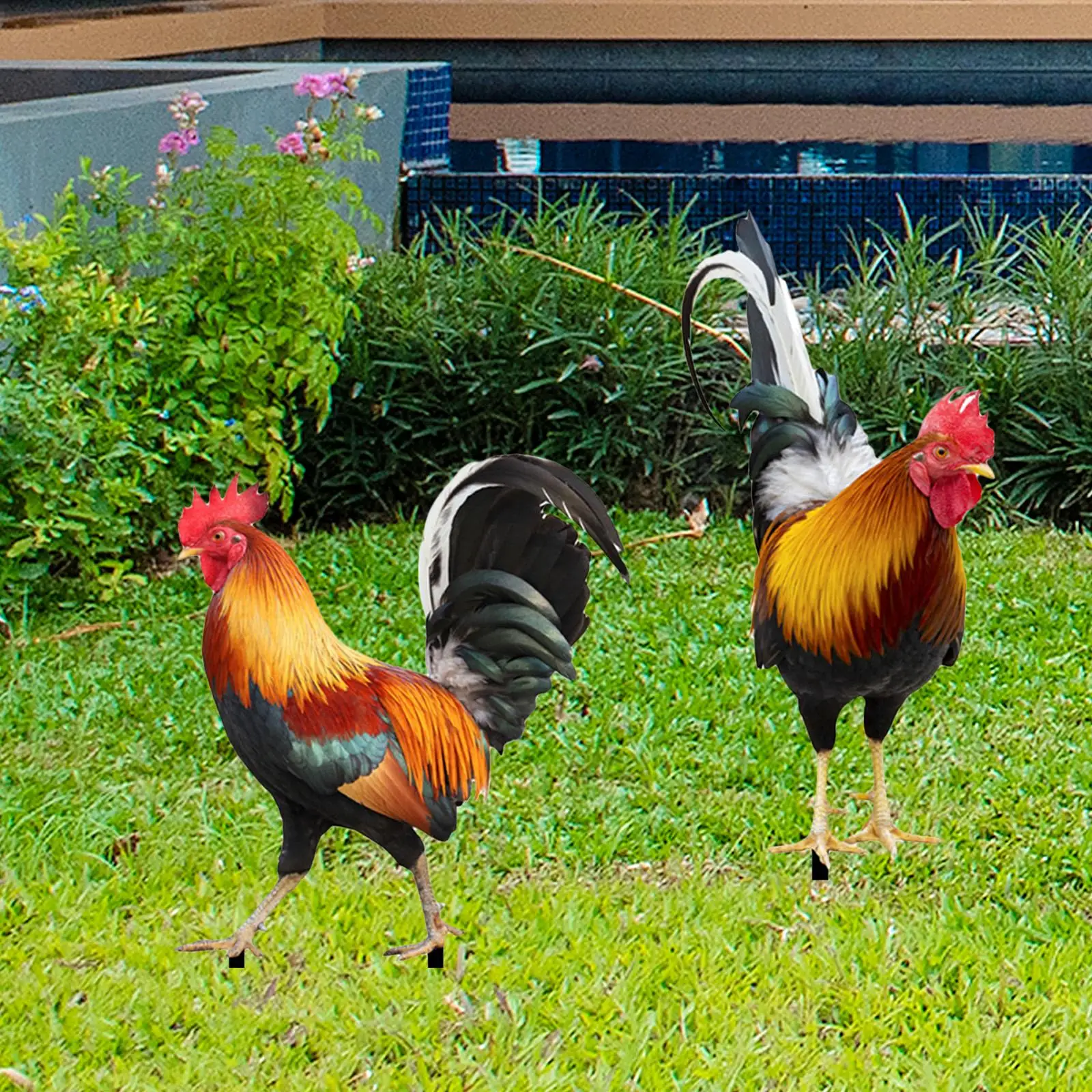 2 Pieces Rooster Statue Garden Stakes,Yard Art Realistic Cock Figurines Ground Insert,Animal Sculptures for Patio Farmhouse