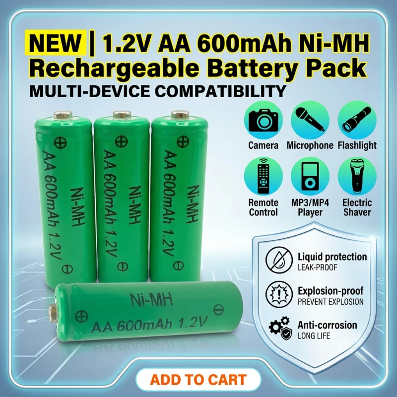 1.2V AA 600mAh Ni-MH Rechargeable Battery High Capacity Cell For Remote Control Flashlight Shaver Camera MP3 Player