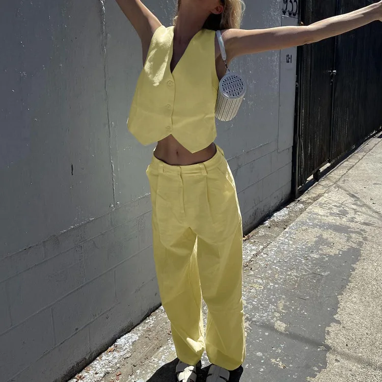 

Комплект брюк из двух предметов, новый офисный модный комплект с жилетом для женщин + блузка без рукавов с v-образным вырезом и брюки, костюм из двух предметов