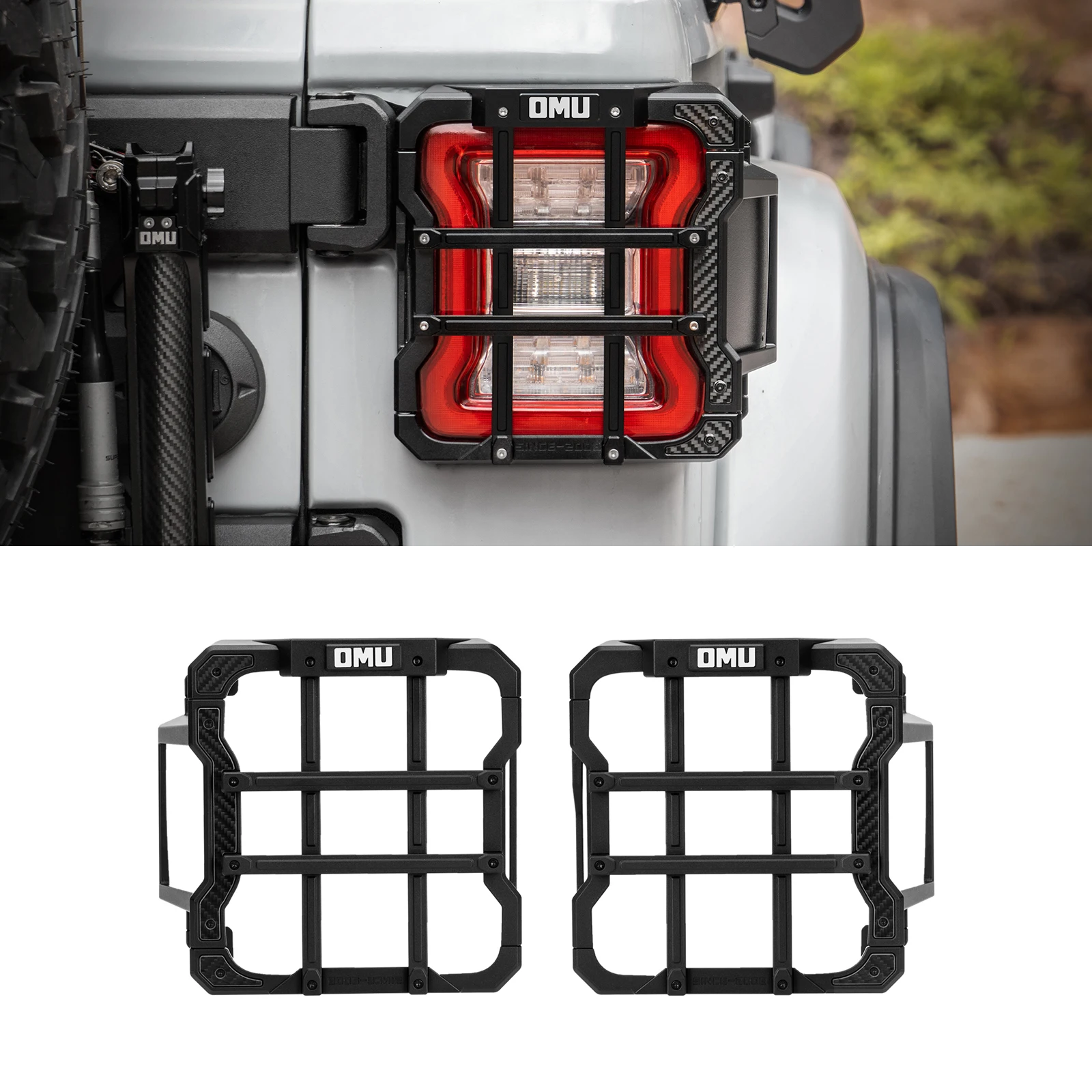 

Exclusive OMU Brand Black Aluminum Alloy/Carbon Fiber Tail Light Covers For Jeep JL 2018+