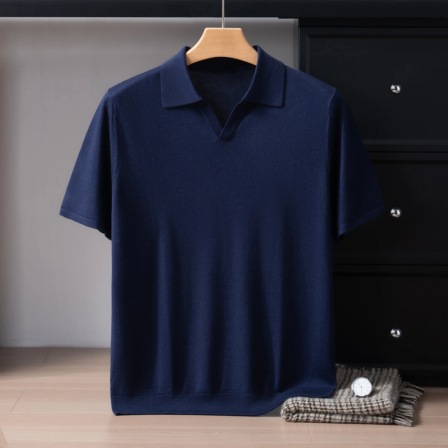 Summer Fine-Knit Lightweight 85% Mulberry Silk 15% Cashmere Short-Sleeve Men'S Seagull Collar Knitted Business Casual T-Shirt