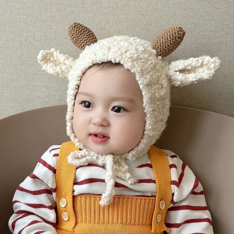 Baby Knitted Hat Newborn Solid Color Cap for Newborn Boys Girls Cute Sheep Shape Autumn Winter Infant Toddler Warm Cap