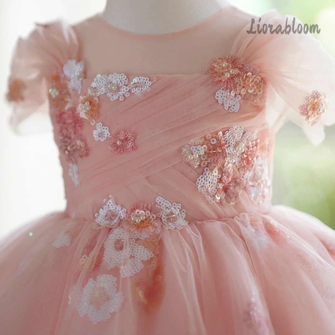 Abito Formale Rosa con Ricami Floreali per Bambine, Vestito da Damigella, Abbigliamento da Cerimonia per Ragazze
