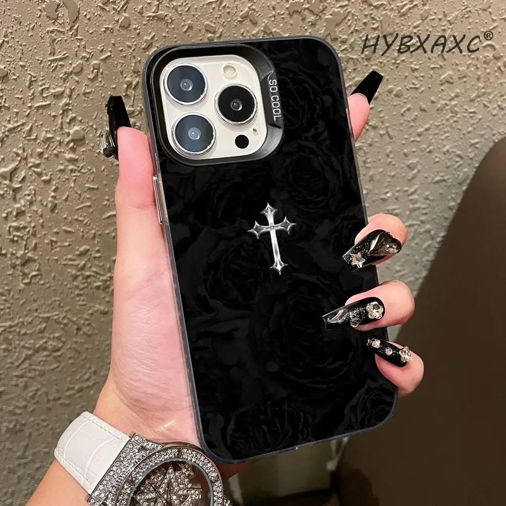 Rose Cross Black Style Phone Case FOR IPhone 17 16 15 Pro MAX 14 13 12 16e 15Pro Plus Shell 17Air Silver Shell IMD Covers