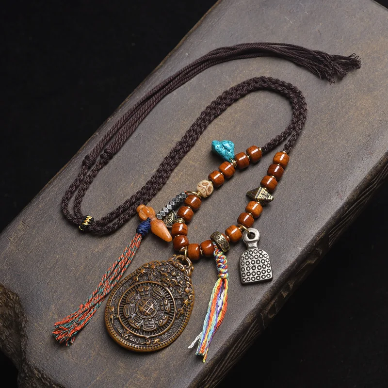 Tibetan-style Yak Bone Pendant with Nine Palaces and Eight Trigrams, Vintage Handmade Woven Rope Necklace for Sweaters