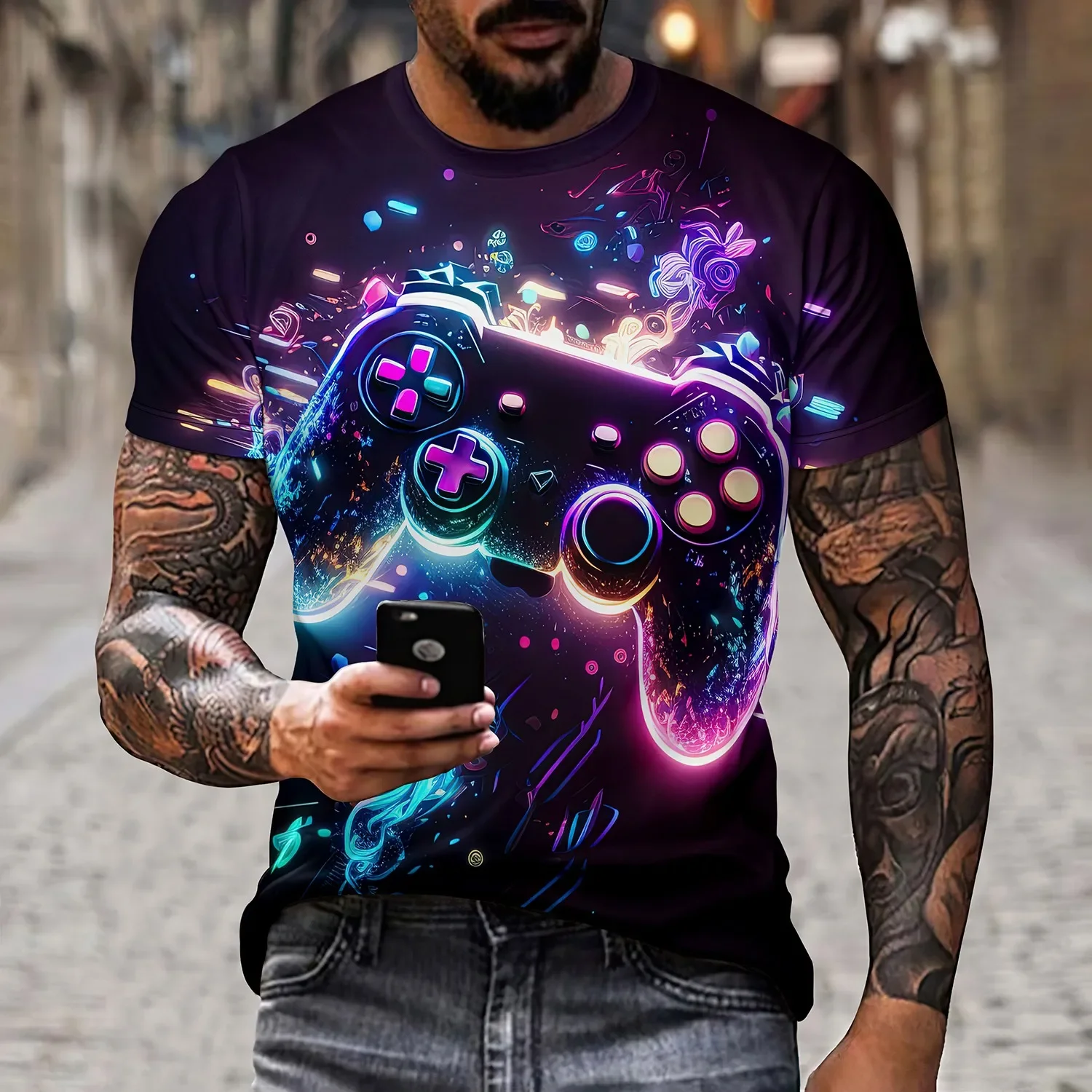 Art Color Entertainment Gamepad Pattern Line Stitching Summer Men's T-shirt 3D Printing Casual Short Sleeve Fashion Top