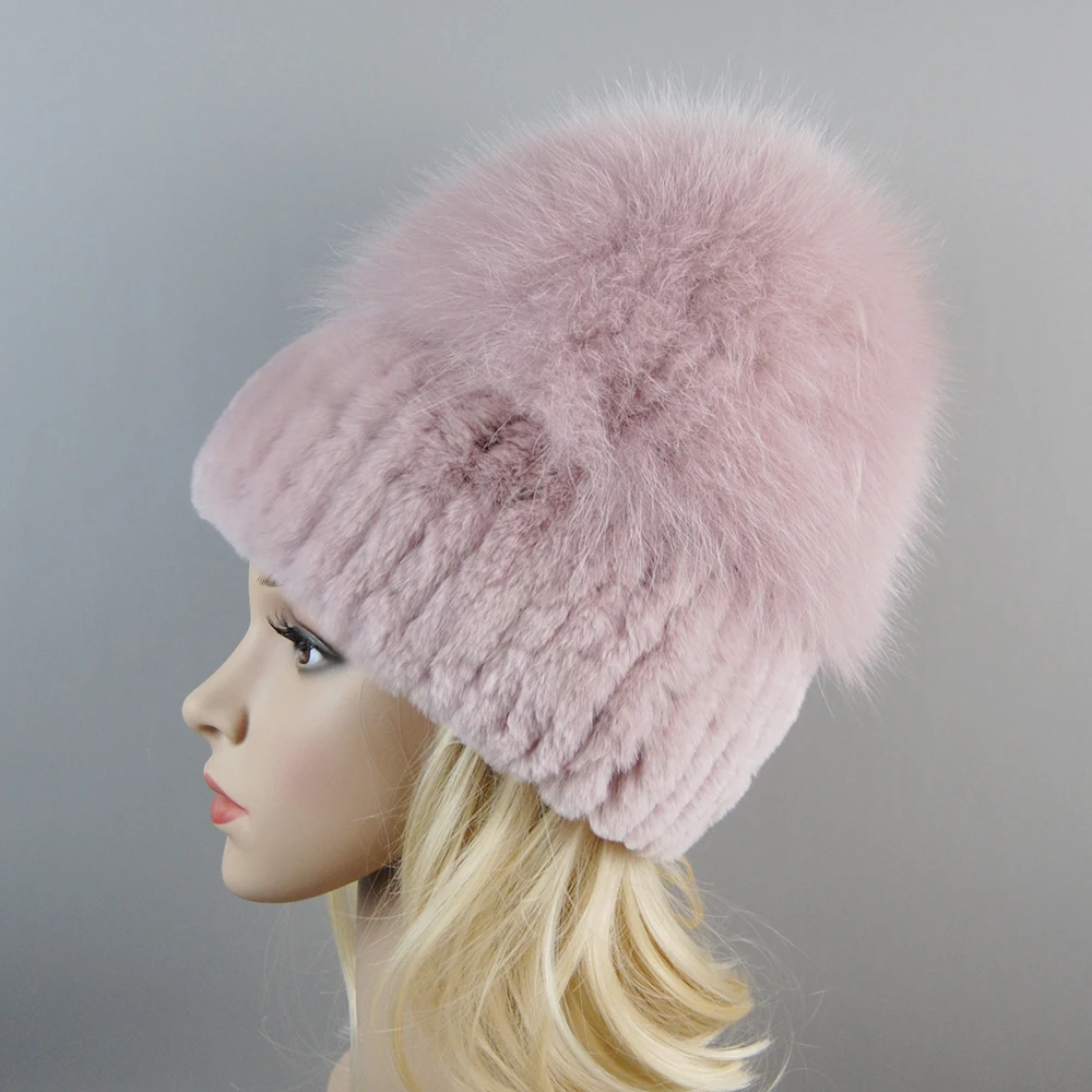 New Style Winter Outdoor Women Real Rex Rabbit Fur Hat For Natural Knit Fox Fur Caps Lady Warm 100% Genuine Rex Rabbit Fur Hats