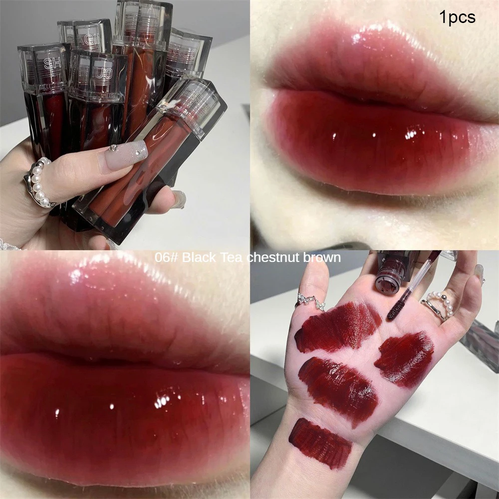 Black Tea Brown Lip Gloss Mirror Transparent Glass Lip Glaze Lava Chocolate Liquid Lipstick Non-stick Makeup Lip Tint Cosmetic