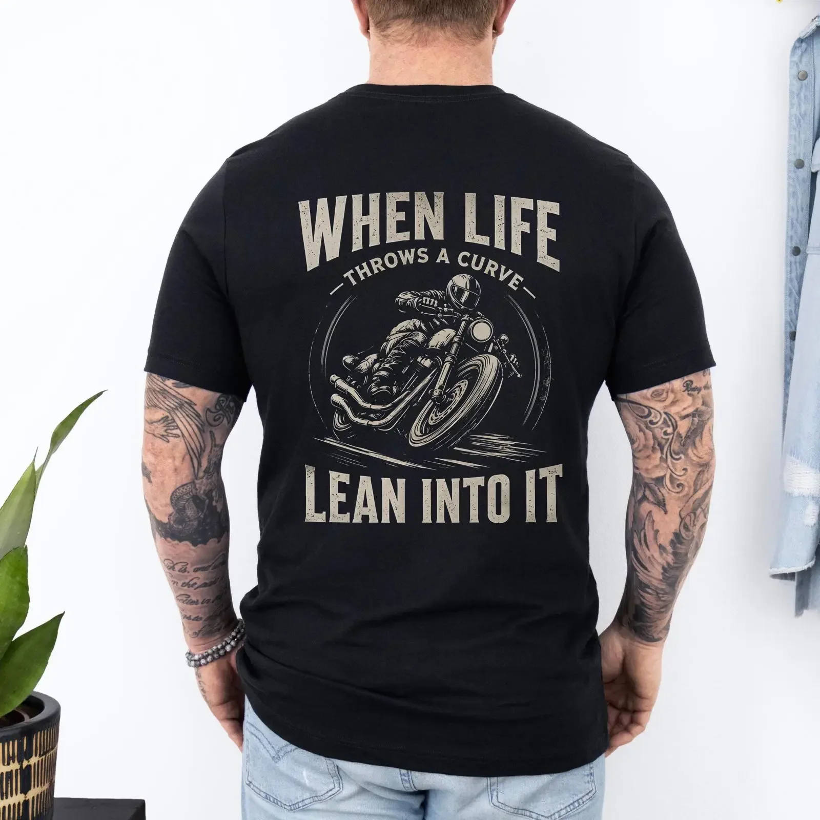 Motorcycle Rider T Shirt When Life Throws A Curve Lean Into It Back Print Biker for Him vintage Washed streetwear Casual