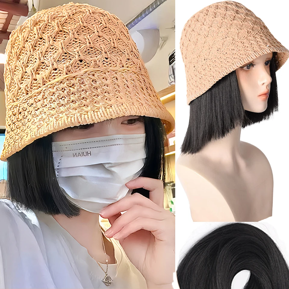 EASTSECRET Fashion Fisherman Hat Wig Short Wig Connected with Breathable Sun Hat Synthetic Straight Fake Hair for Women