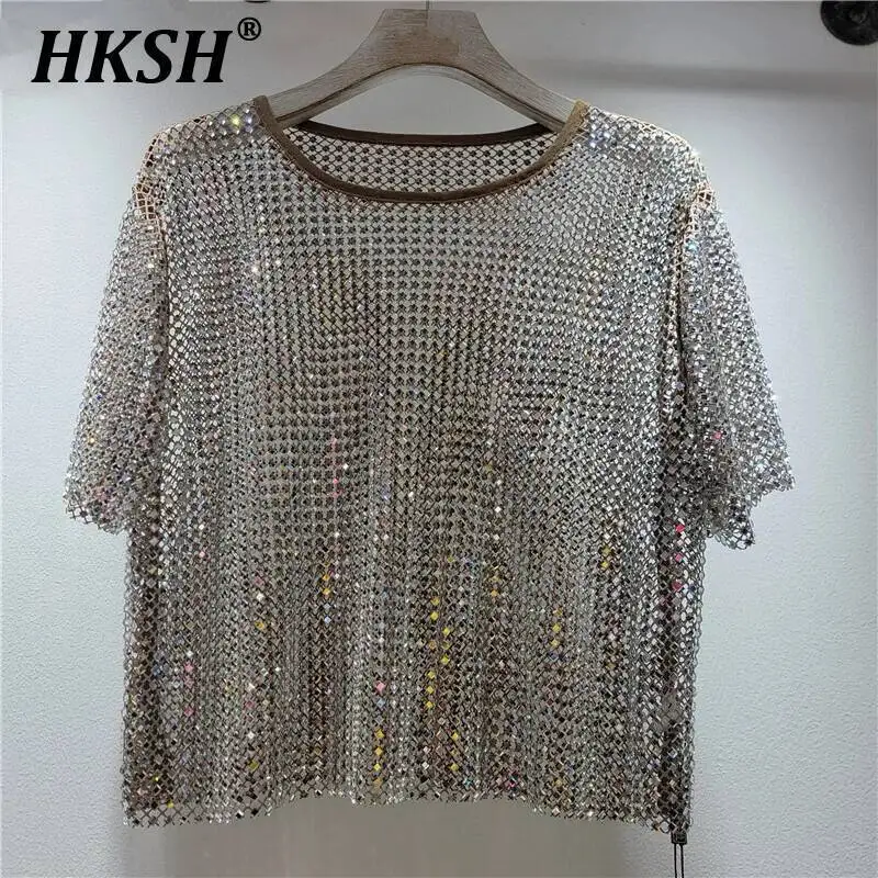 

HKSH Летняя новая женская уличная одежда Tide Chic Ins Модная повседневная футболка с круглым вырезом и короткими рукавами с бриллиантами, ажурный пуловер, футболка HK5518