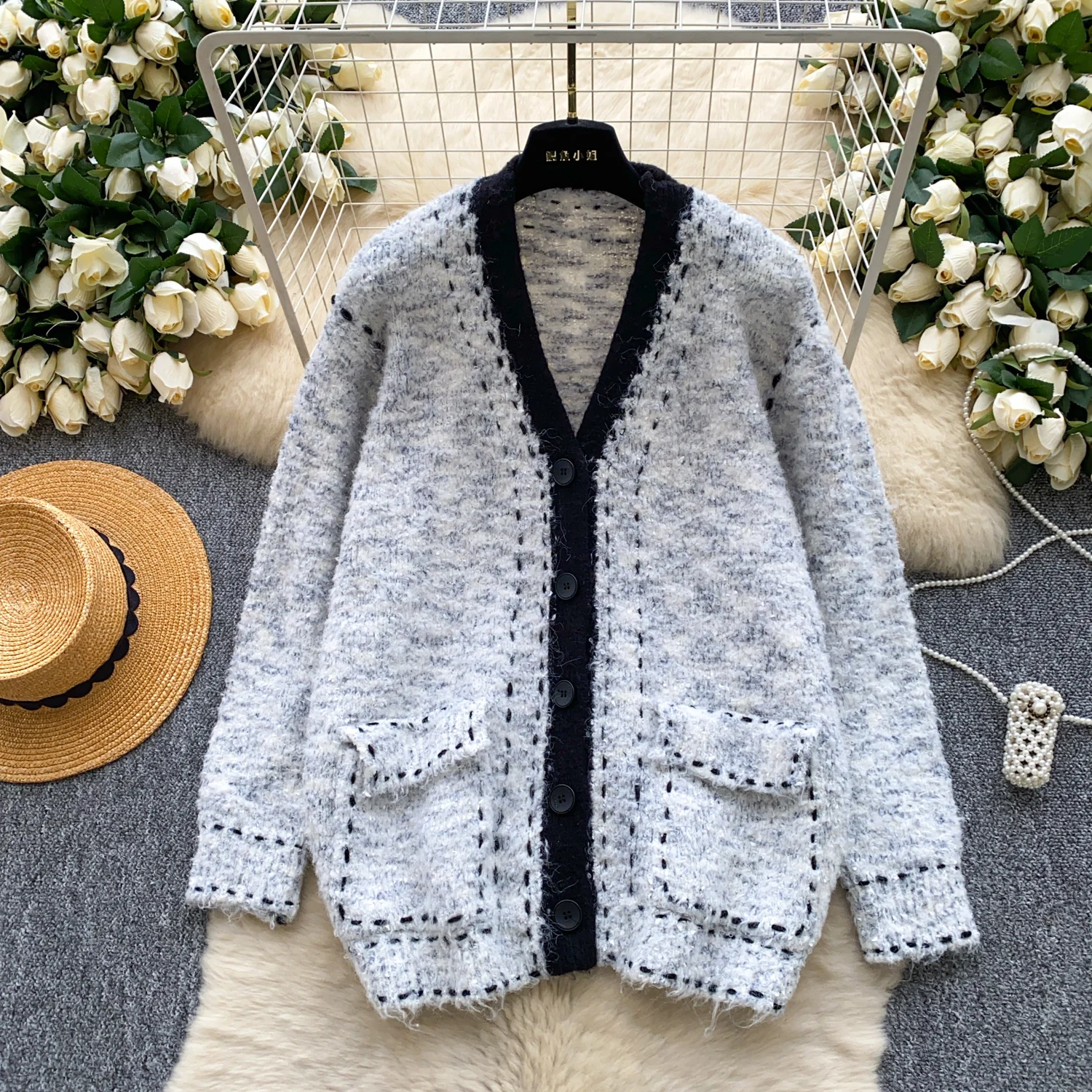 

Винтажная свободная лоскутная вязаная корейская модная блузка с длинными рукавами, кардиган, осенне-зимняя женская одежда