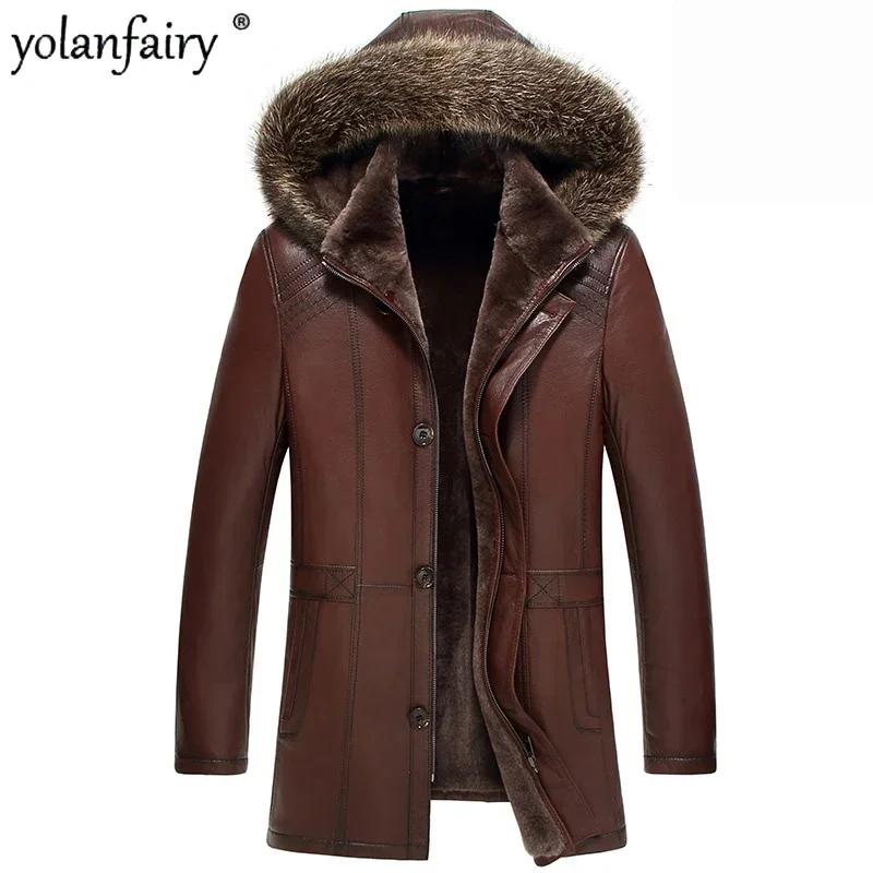 

Genuine Leather Jacket Men's Fur Coat Men Goatskin Leather and Lamb Fur Jackets Male Raccoon Fur Hooded Men's Fur Jacket FCY5328