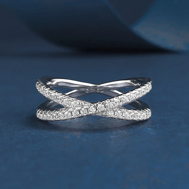 

Moissanite ring 925 sterling silver non-fading women's niche cross ring fully inlaid with simulated diamonds jewelry wholesale