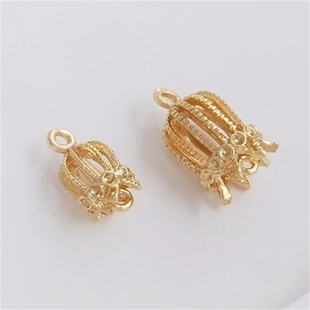 14K Gold-Color Tassel Flower Hat Copper Bird Cage DIY Handmade Earrings Hangings Hairpin Material Headdress Step Swing Pendant