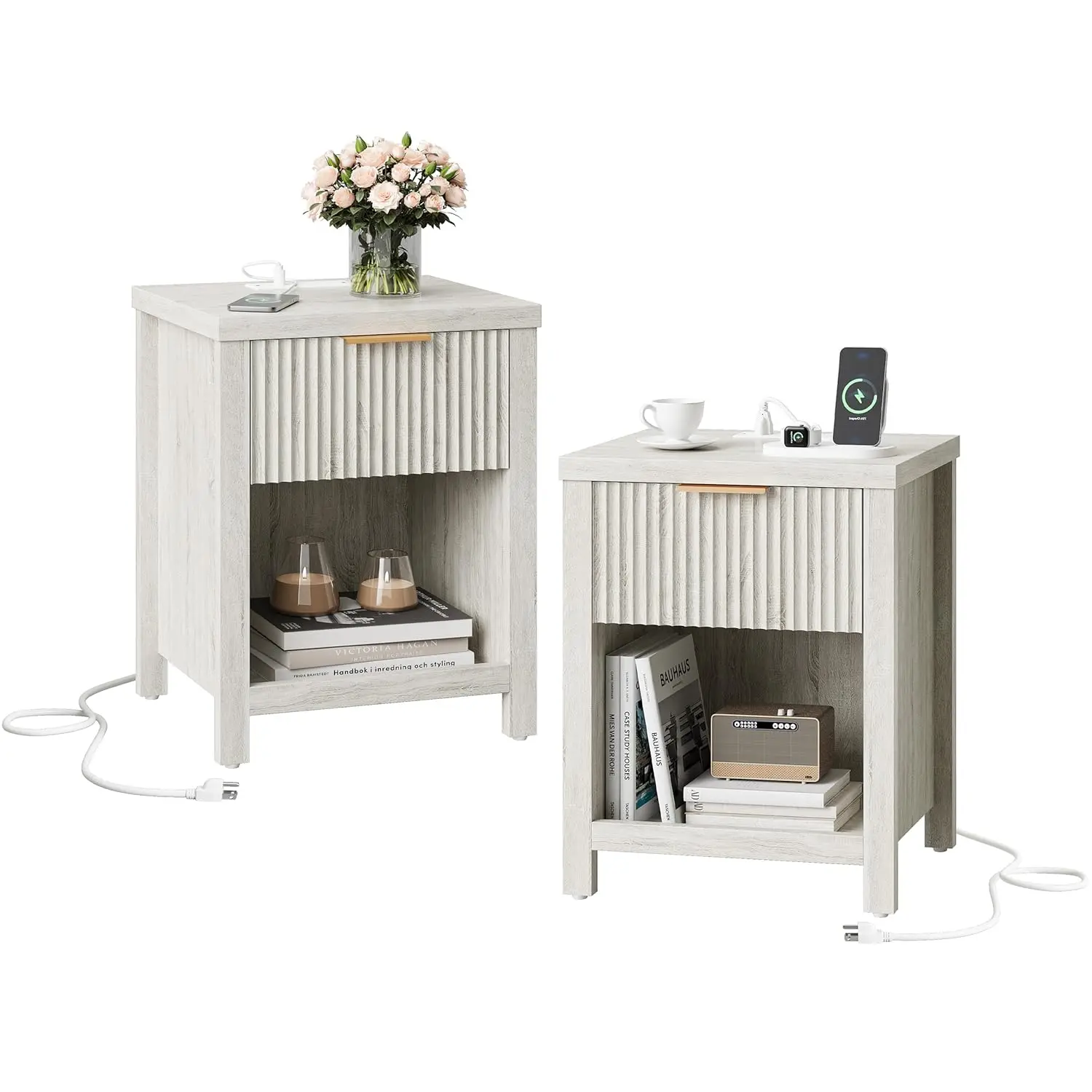 Fluted Nightstands with Charging Station Set of 2, Brooklyn Night Stand with Drawers, Modern Bedside Table with, Customized