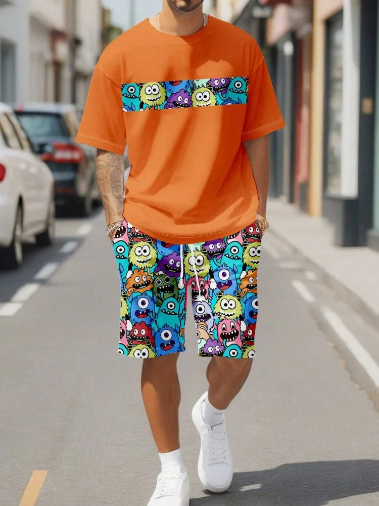 Cute Cartoon Print Summer Casual Crew-neck Men\'s Suit Urban Fashion Street Short-sleeved Top And Shorts Casual All-match Outfit