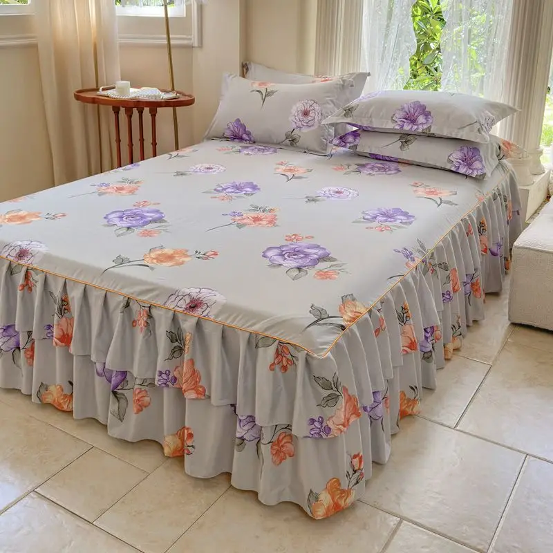 3Pcs/Lot Home Textile Luxury Bed Skirt Sheet Ruffle Lace Mattress Cover  Soft Flowers Bedding Non-slip Protector Bedspread