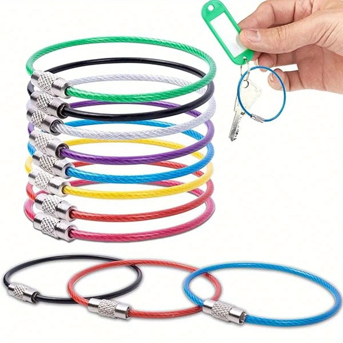 10pcs Random Color Stainless Steel Wire Key Ring Wire Chain Cable Heavy Baggage Tag Ring Tag Retainer 2 Mm Twist Drum Packing