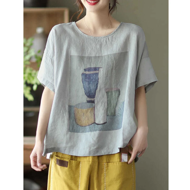 Women Vintage Art Print Cotton Linen Comfortable T Shirt Summer Simple Casual O Neck Short Sleeve Tees Loose Tops Ropa De Mujer