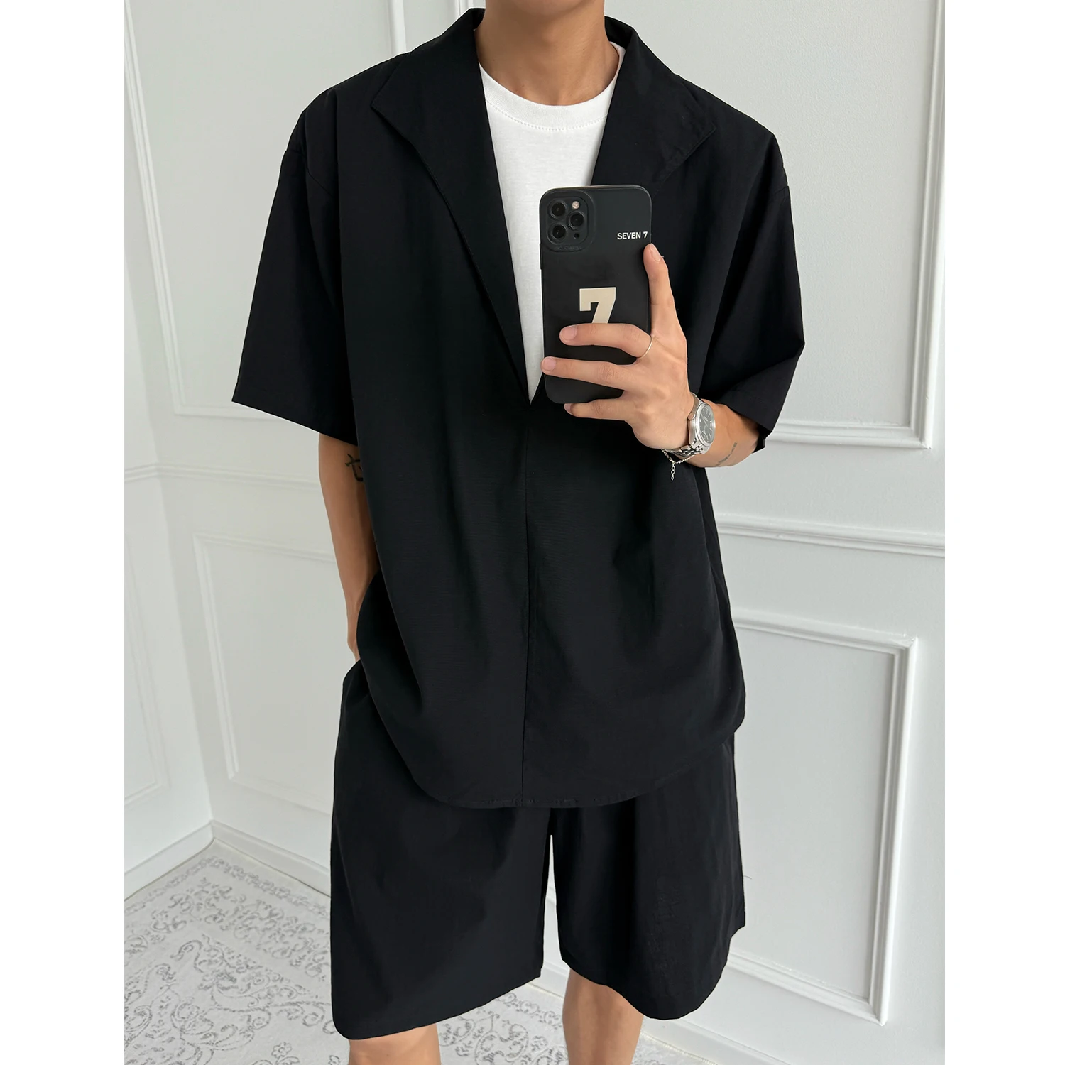 

High-quality Fake Two Linen Suit Men's Short Sleeved Shirt+shorts Casual Business Social 2 Piece Set Streetwear Men Clothing