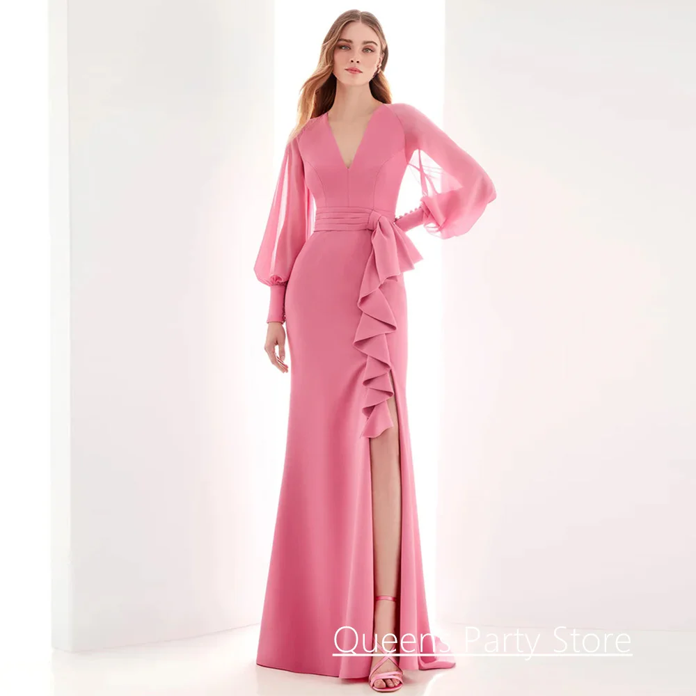 

Peach Pink Mother of The Bride Dress Customized Puff Sleeves Pleat Belt Ruffles Split Mermaid Wedding Guest Gown Evening Dress