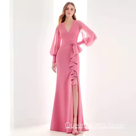 Peach Pink Mother of The Bride Dress Customized Puff Sleeves Pleat Belt Ruffles Split Mermaid Wedding Guest Gown Evening Dress