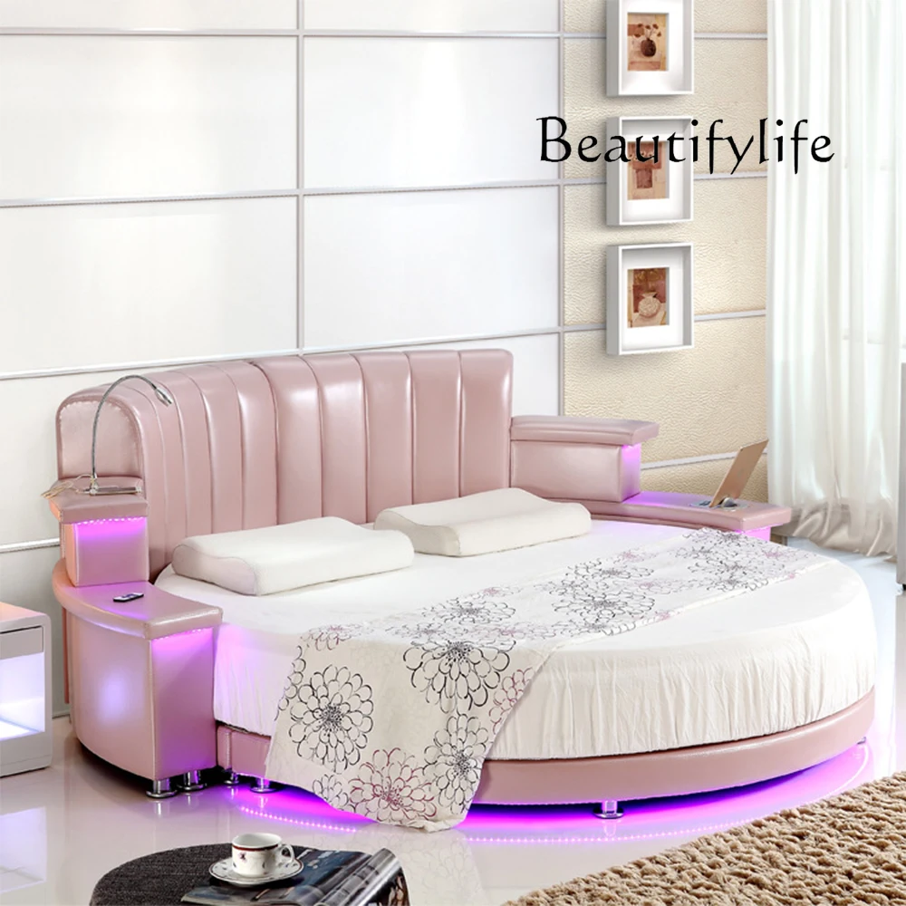 MINGDIBAO Nordic Genuine Leather multifunctional round Bed Frame with LED Light Bluetooth Speaker iPhone Charge USB Ultimate Bed