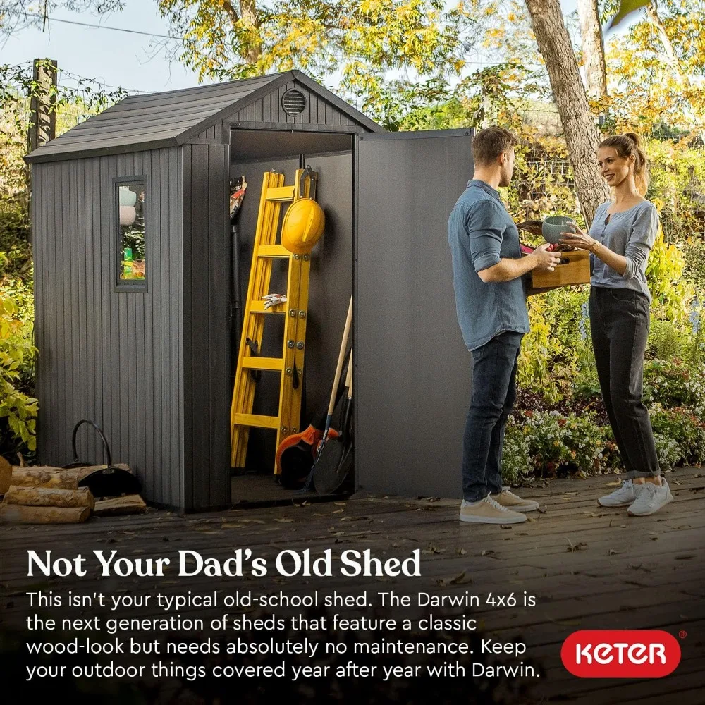 سقيفة تخزين خارجية آمنة من Darwin مقاس 4 × 6 أقدام باللون الرمادي الجرافيت مع هيكل من الراتنج قابل للقفل، وباب واحد، ونافذة، وإضاءة كاشفة #3